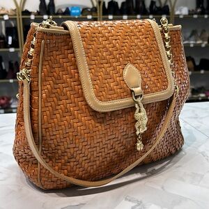 Vintage Barry Kieselstein-Cord Brown Woven Leather Frog Shoulder Bag